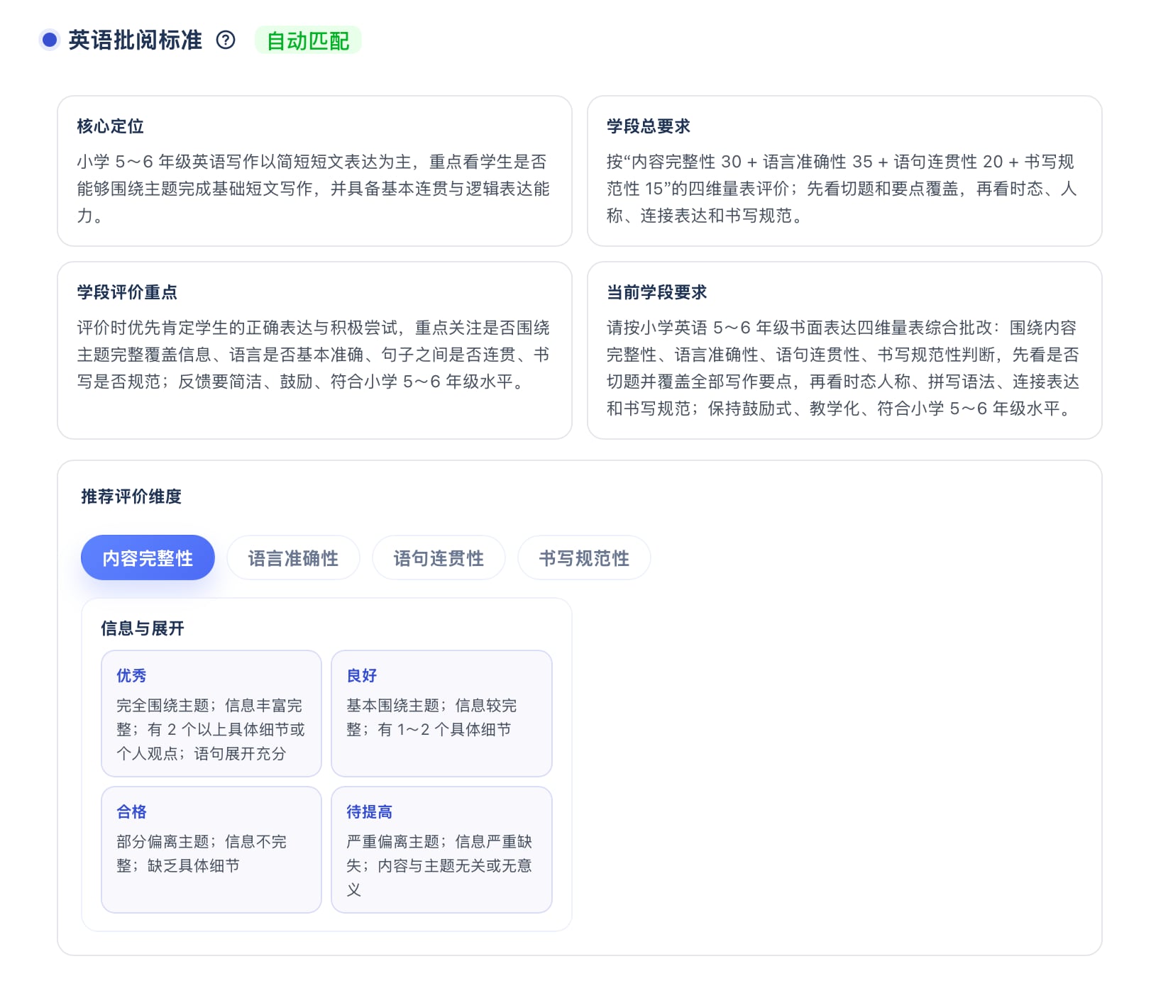 英语评价指标局部放大图，突出批阅标准区域